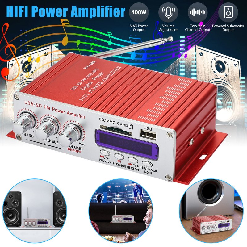 Hy-400 12v Power Amplifier U Disk Sd Memory Card with Infrared RC Mini Small Motorcycle Audio Amp Red