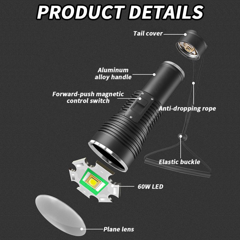 60W LED Dive Flashlight Max Waterproof 1500 Lumen Strong Light Ultra Bright Aluminium Alloy Submersible Flashlight