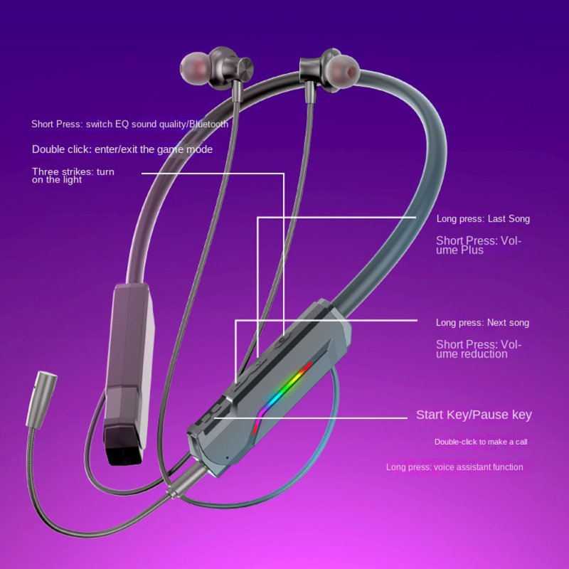 Rgb Luminous Bluetooth Gaming Headphones Hanging Neck Wireless Sports Music Headset Universal 