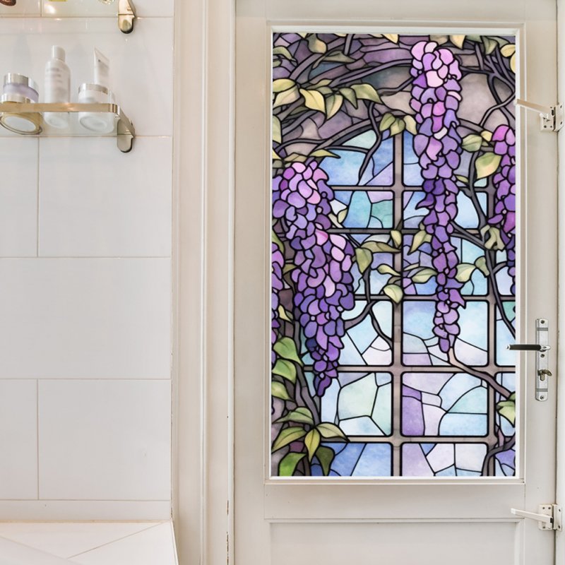 Floral Stained Glass Window Film UV Blocking Heat Insulation Violet Pattern Static Window Clings For Window Glass Decorations 