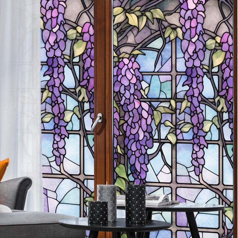 Floral Stained Glass Window Film UV Blocking Heat Insulation Violet Pattern Static Window Clings For Window Glass Decorations 