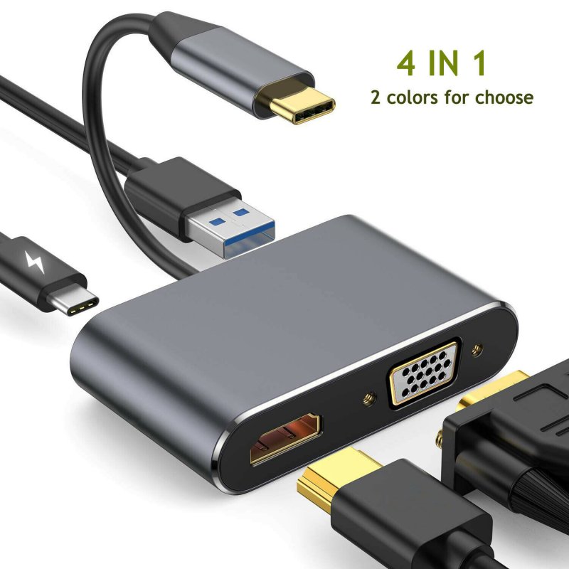 4-in-1 Audio Video Adapter USB Type-C to HDMI 4K Converter with HDMI+VGA+PD+USB3.0 Interface Fast Charger  