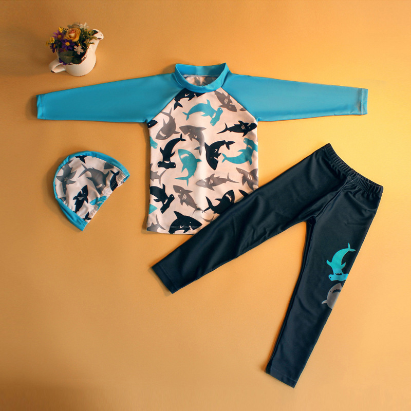 3-piece Boys Split Swimsuit Long-sleeved Shirt Long Pants Sunscreen With Sun Hat Sun Protection Children Diving Suit blue 5-6years L