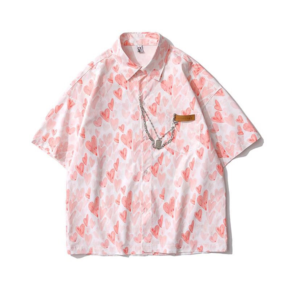 Men Women Casual Shirt Short Sleeve Love Heart Shaped Printed Summer Loose Couple Tops SY129 Orange XL