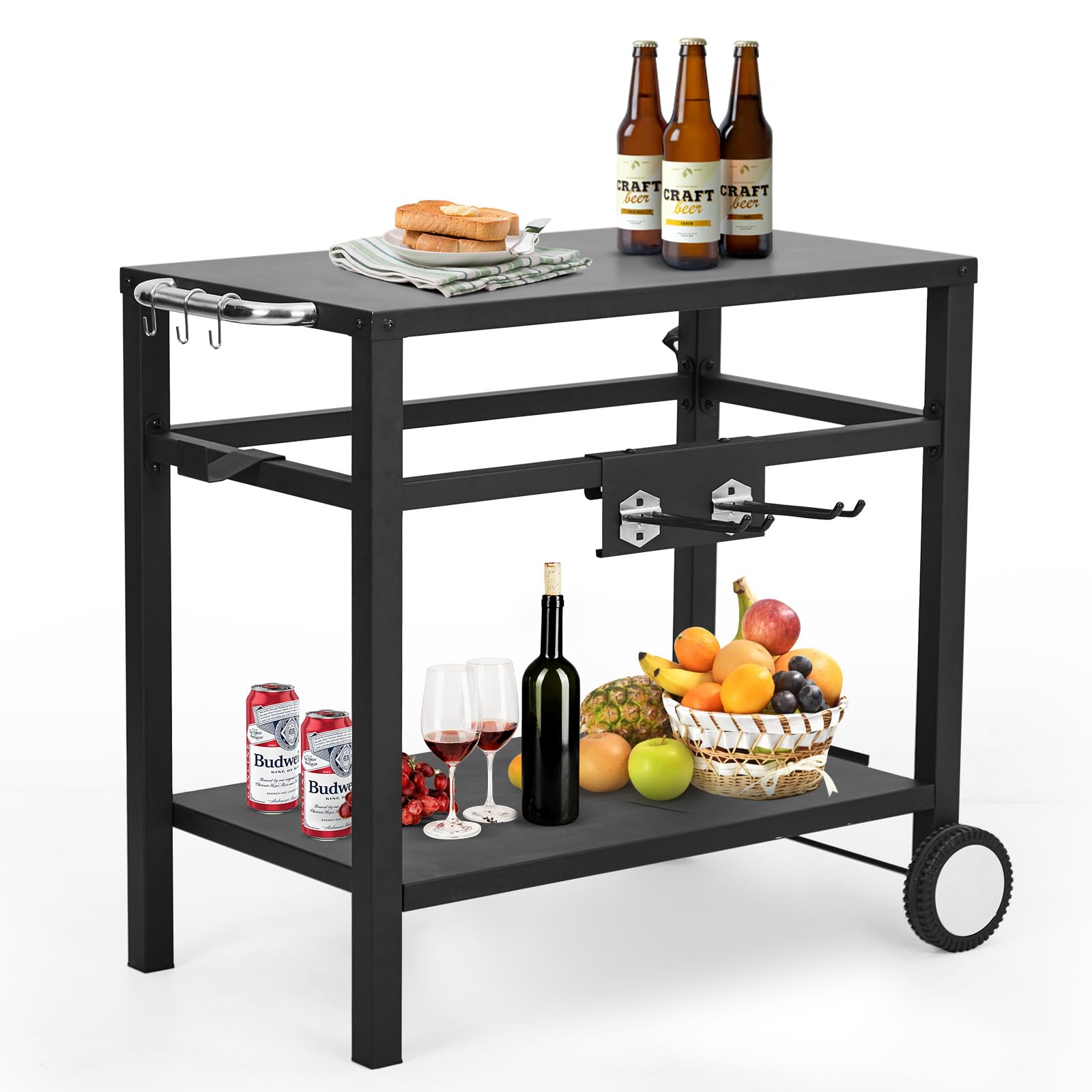 US GARVEE Outdoor Grill Cart Pizza Oven Stand BBQ Prep Table with Wheels & Hooks