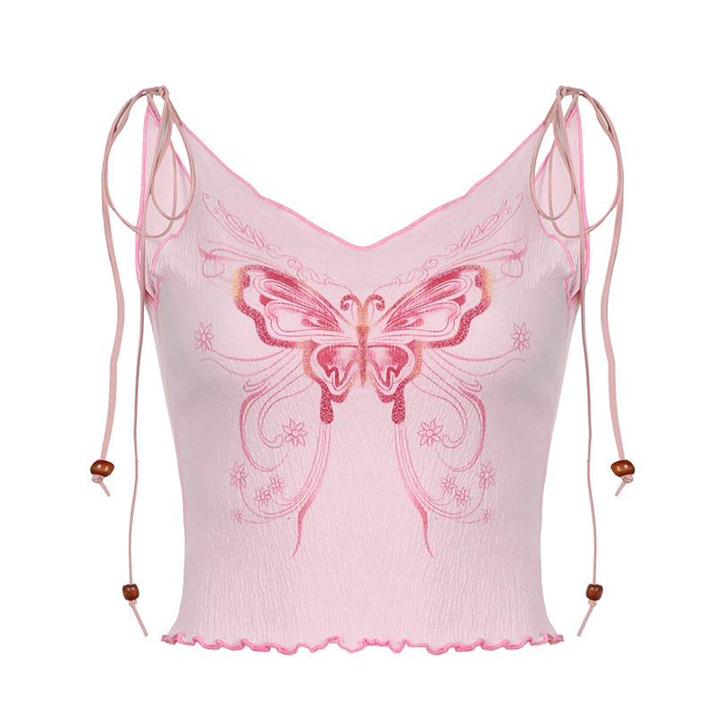 Women Low Cut V-neck Tank Tops Summer Thin Elegant Butterfly Printing Ribbed Slim Fit Vest Pink M