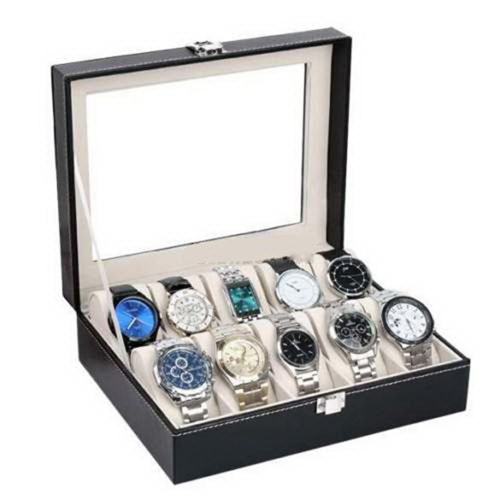 [US Direct] Portable Watch Collection Box With 10 Compartments Premium Leather Fine Workmanship Storage Case black