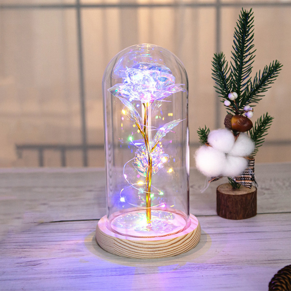 Glass  Dome  Cover  Roses  Ornaments Colorful Bendable Led Light Bar Valentine Day Creative Gift Weddings Family Dinners Decoration Colorful light + 3 leaves
