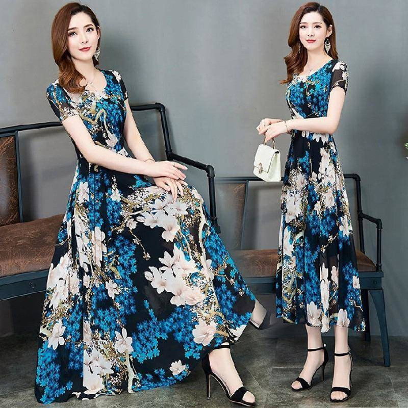 US Female Summer Waisted Floral Pattern Short-sleeve Printing Dress  Blue flower L