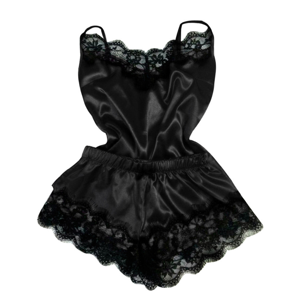 Sexy Lingerie Women Silk Lace Casual Loose Solid Sleeveless Dress Babydoll Nightdress Nightgown Sleepwear black_XXL