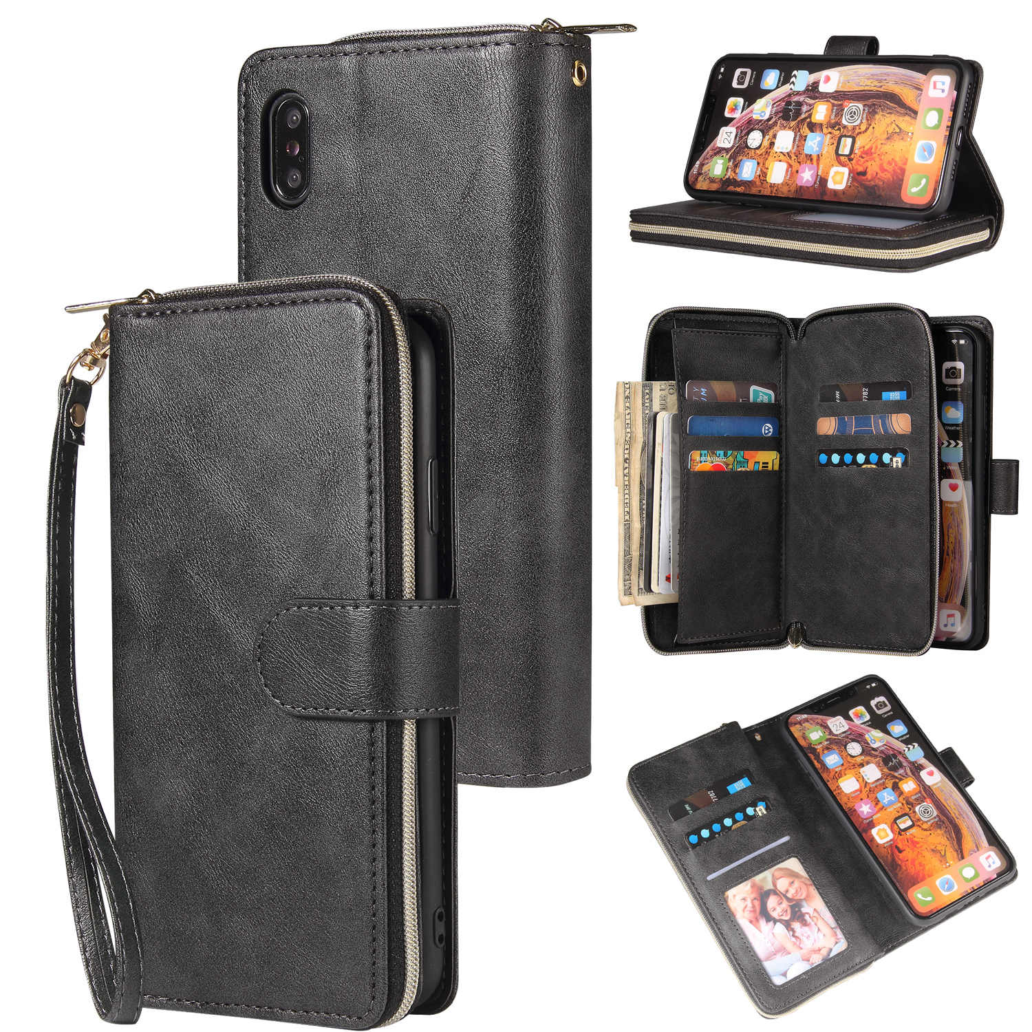 For iphone X/XS/XS MAX/11/11Pro Pu Leather Mobile Phone Cover Zipper Card Bag + Wrist Strap black