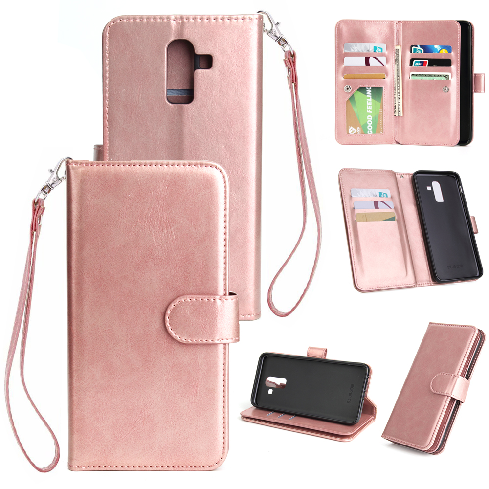 For Samsung J8 2018 PU Non-slip Shockproof Cell Phone Case with 9 Card Slots Lanyard Bracket Rose gold