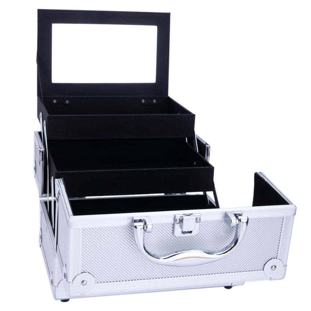 US Portable Cosmetic  Case With Mirror Makeup Train Case Jewelry Box Organizer Silver