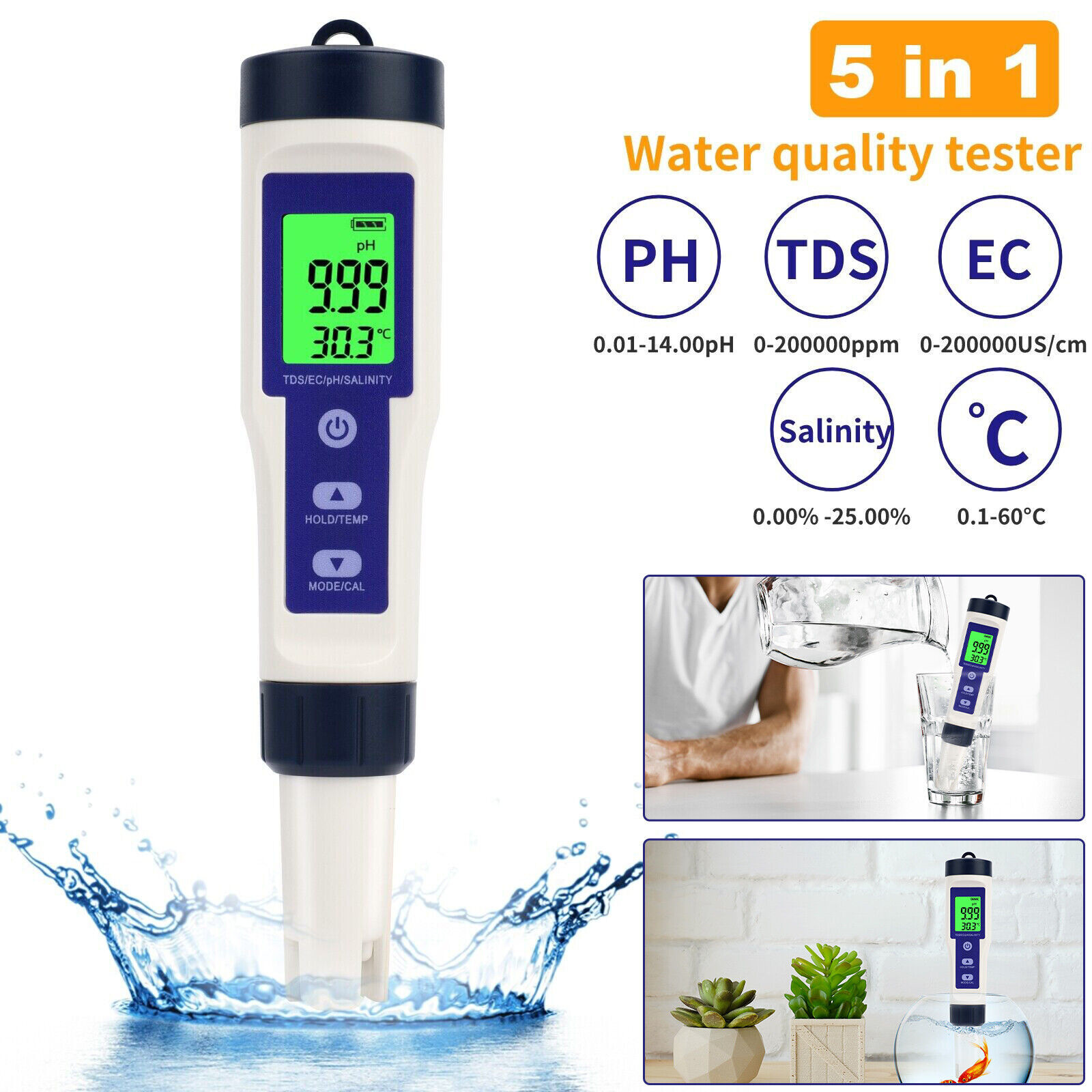 Wholesale 5-in-1 Water Tester Waterproof Auto Compensation Temperature ...