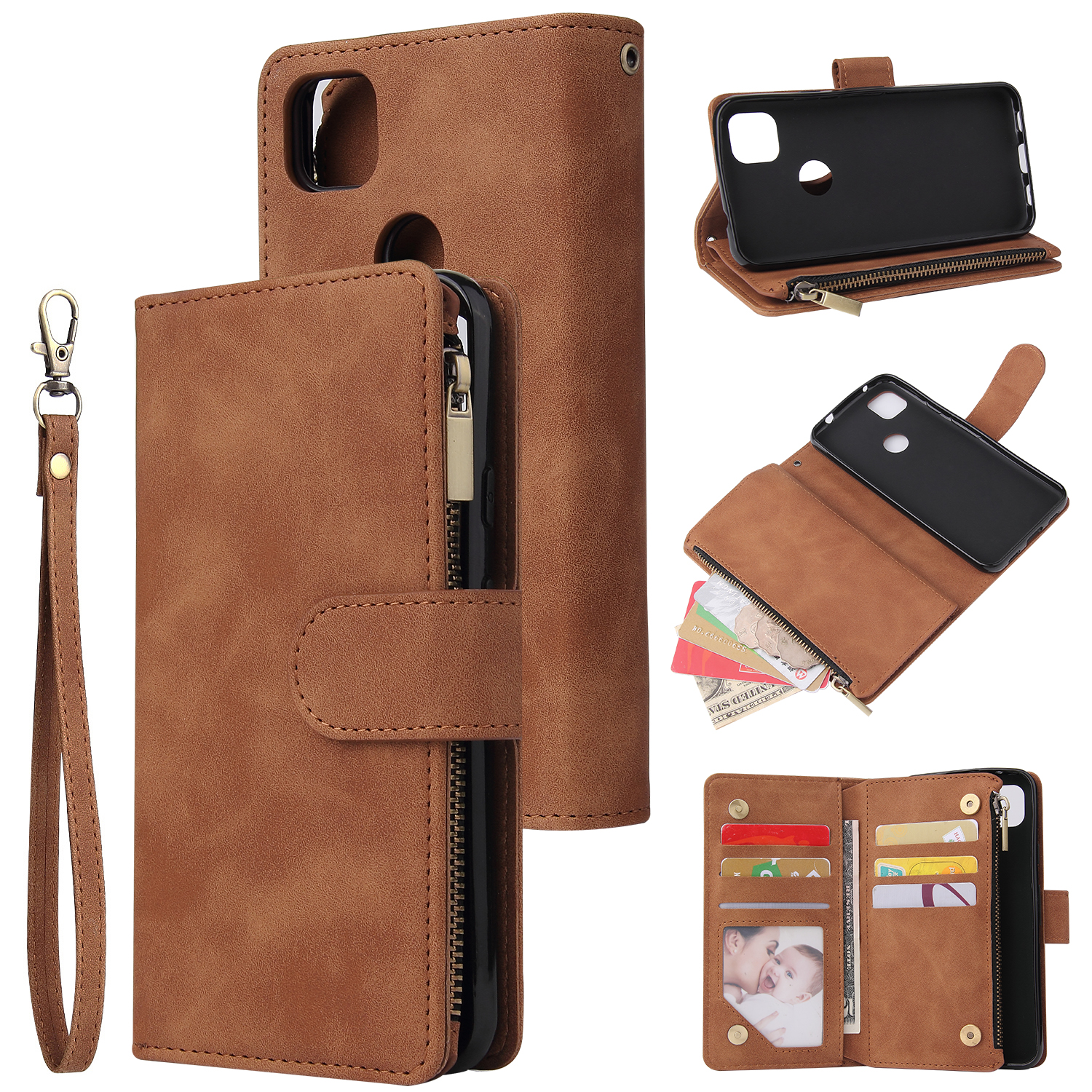 For Google Pixel 4A  Leather Mobile Phone Cover with Cards Slot Zipper Purse Phone Bracket 4 brown