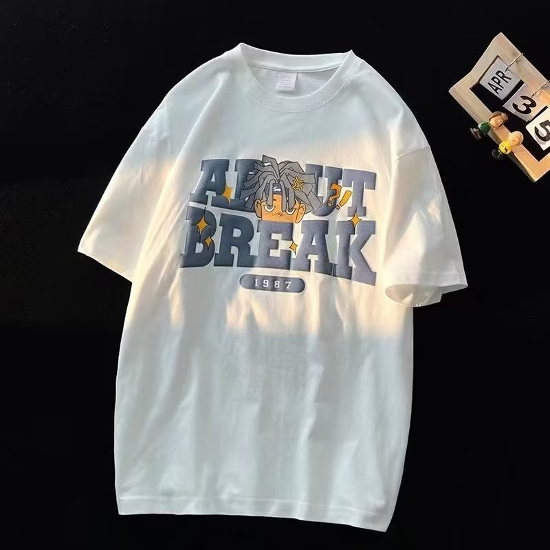Summer Short Sleeves T-shirt For Men Women Trendy Retro Printing Round Neck Pullover Tops Loose Casual Shirt White 2XL