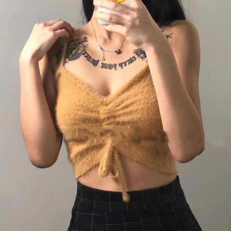 Women Fashion Drawstring Tank Top Casual Elegant Solid Color Sleeveless Crop Top Multi-color Camisole yellow One size