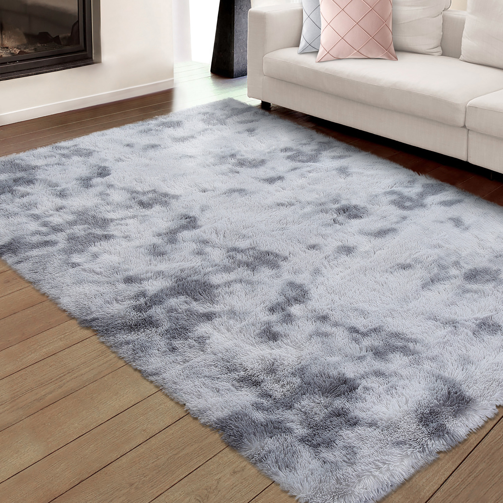 US GARVEE Fluffy Area Rugs for Living Room 8' x 10' Modern Plush and Thick Faux Fur Shag Rug Non-Slip Tie Dye Carpet for Bedroom, Fuzzy Shaggy Rugs for Kids Nursery Dorm - Light Grey / 8 x 10 Feet