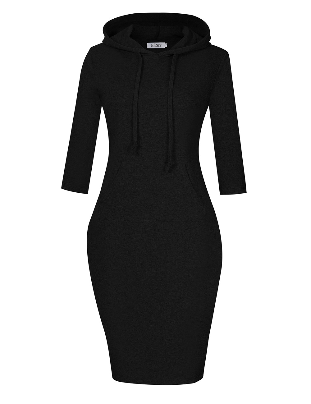 US MISSKY Women Pullover Stripe Pocket 3/4 Sleeve Slim Long Hoodie Sweatshirt Dress Black XL