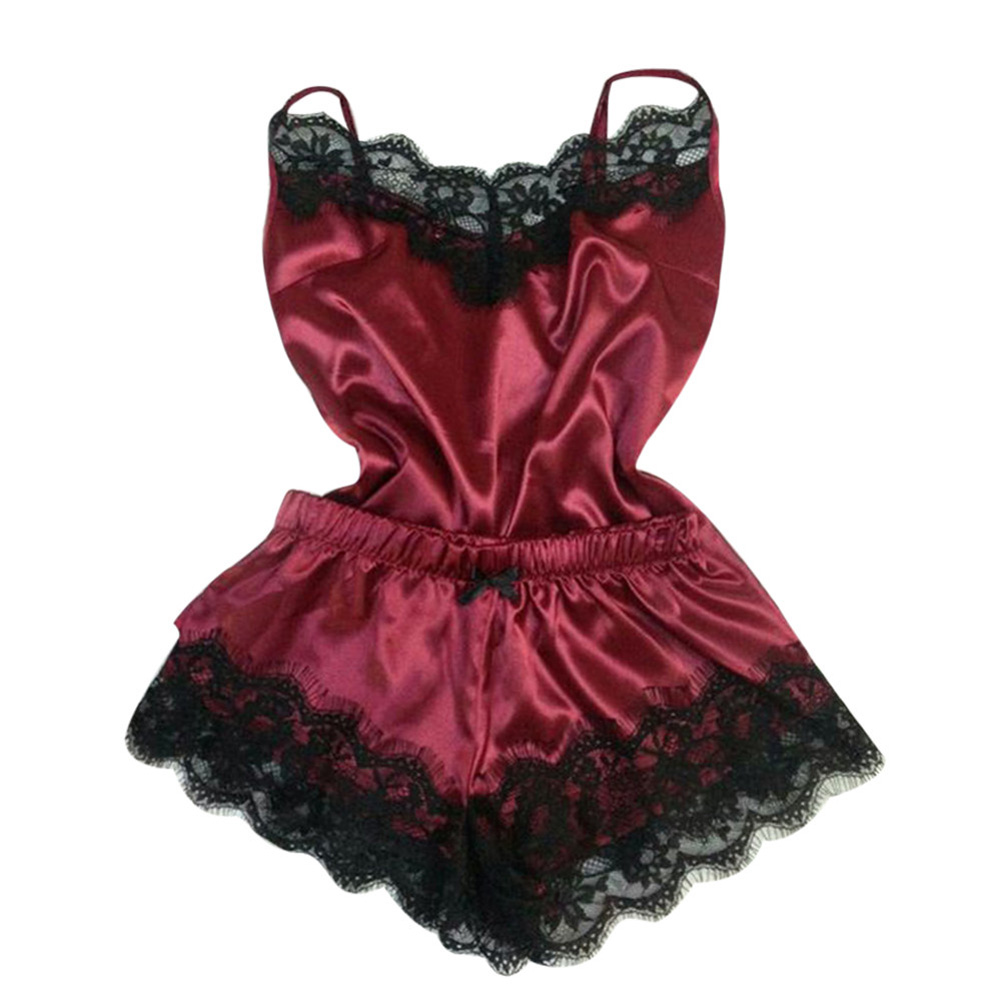 Sexy Lingerie Women Silk Lace Casual Loose Solid Sleeveless Dress Babydoll Nightdress Nightgown Sleepwear Red wine_S
