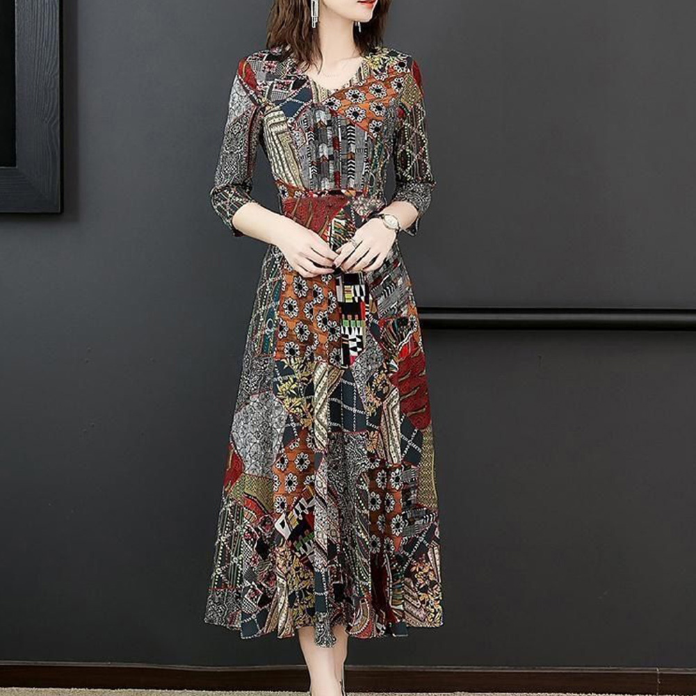 Women Fashion Lady Printing V-neck Three Quarter Sleeve Dress for Party Vacation 818# picture color_3XL