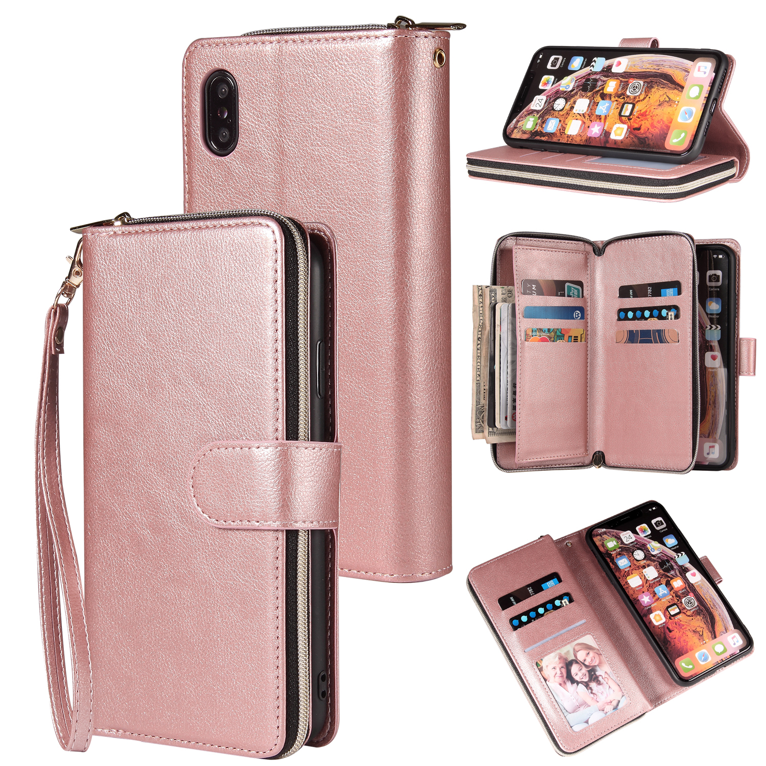 For iphone X/XS/XS MAX/11/11Pro Pu Leather  Mobile Phone Cover Zipper Card Bag + Wrist Strap Rose gold