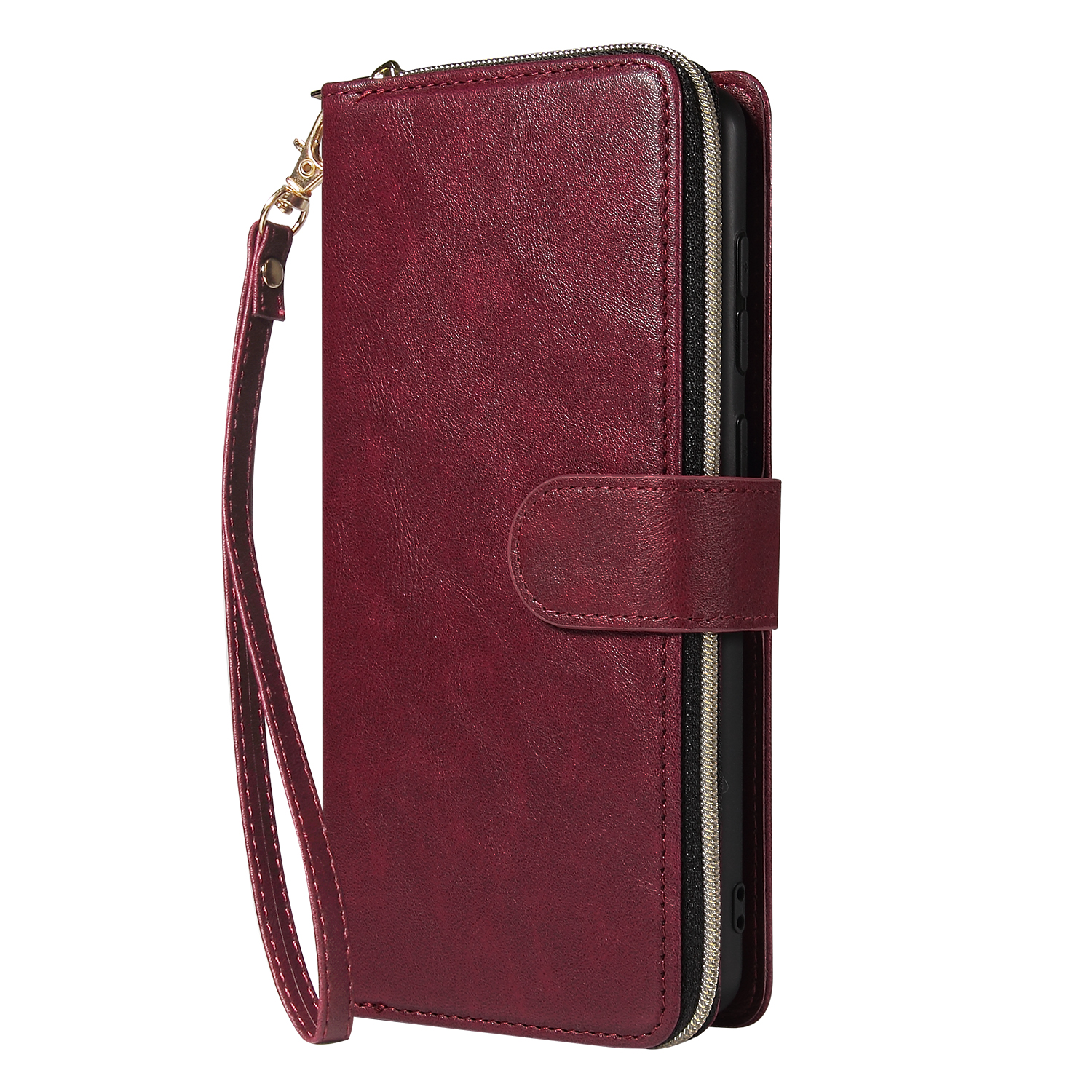 For Samsung A01/A21/A31/A41/A51 Pu Leather  Mobile Phone Cover Zipper Card Bag + Wrist Strap Red wine