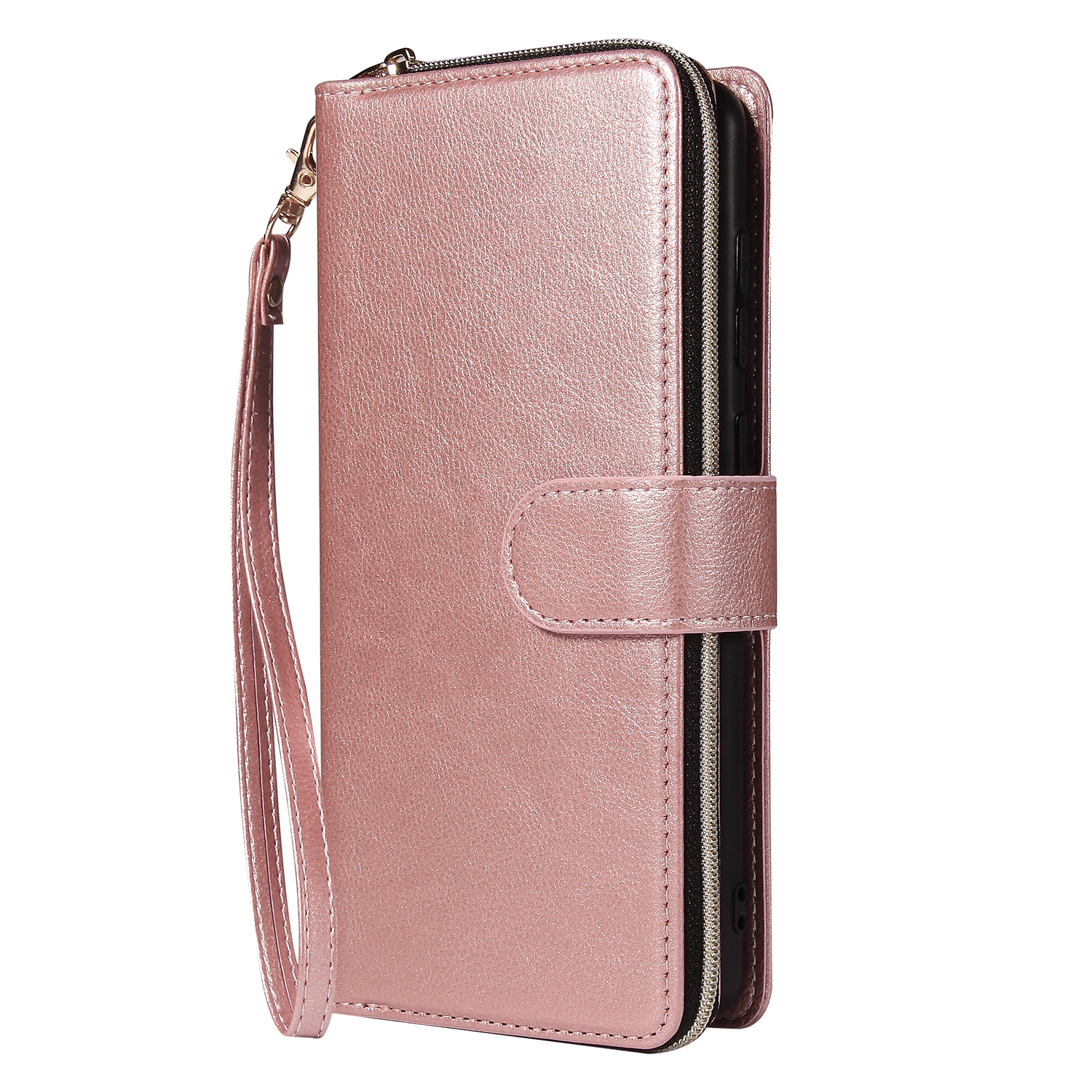 For Samsung A01/A21/A31/A41/A51 Pu Leather  Mobile Phone Cover Zipper Card Bag + Wrist Strap Rose gold