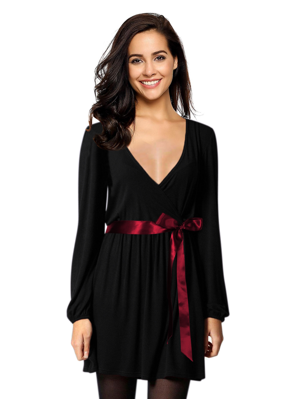 US LEADINGSTAR Women Solid Long Sleeve Elastic Waist Wrap V-Neck Fit Flare Dress