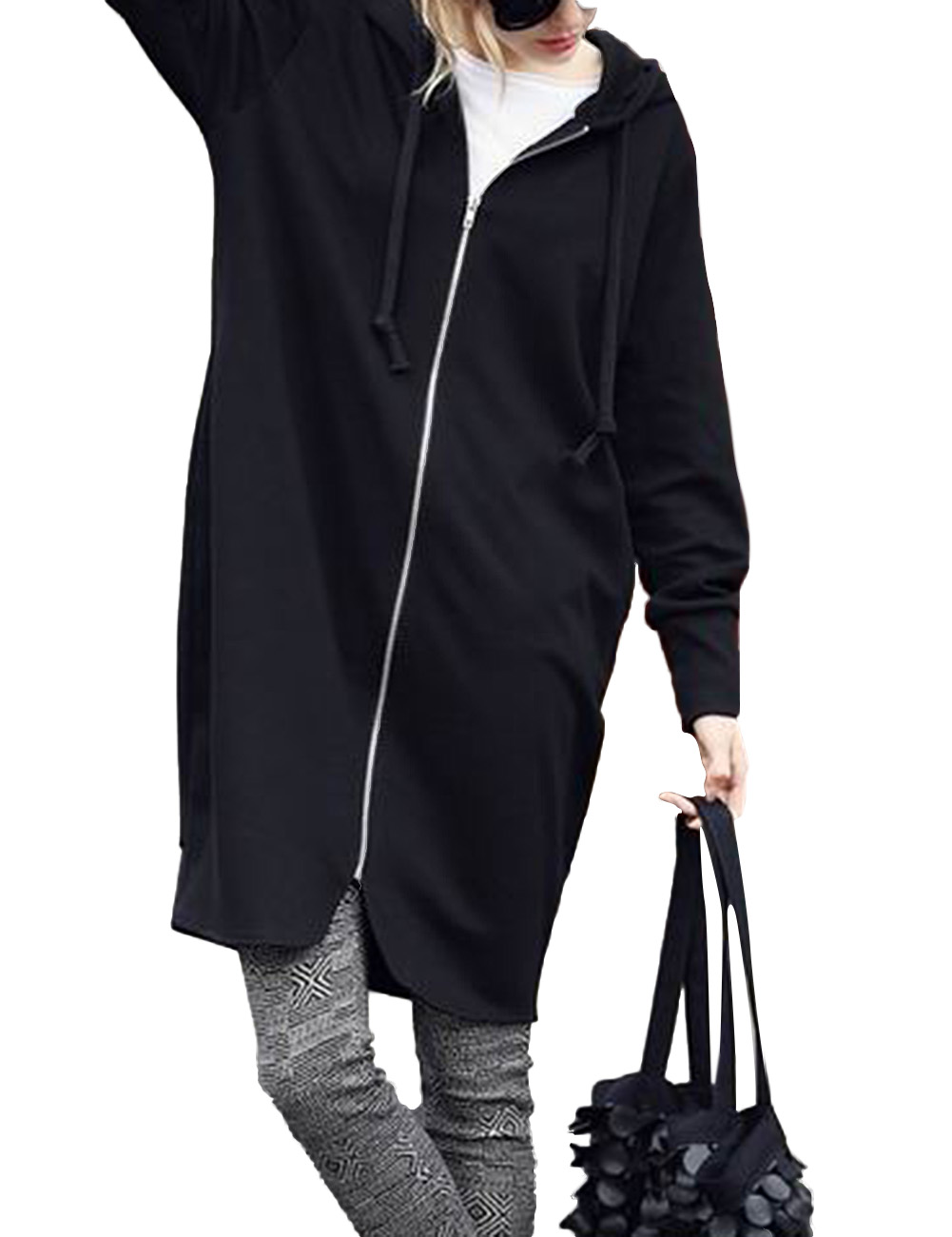 Women's Zip-Front Long Hoodie Jacket with Pockets and Zipper