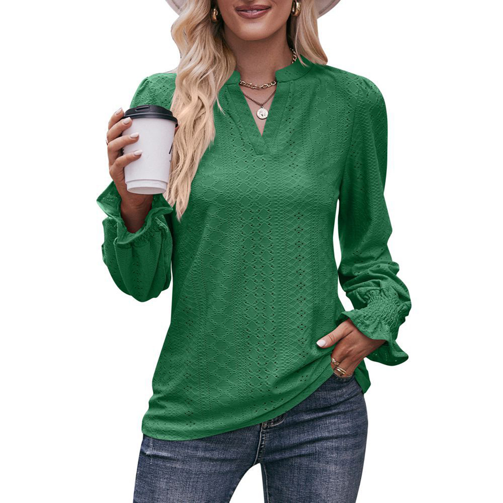 Women Long Sleeves Shirt V Neck Casual Solid Color Loose Blouse Elegant Hollow-out Pullover Tunic Tops