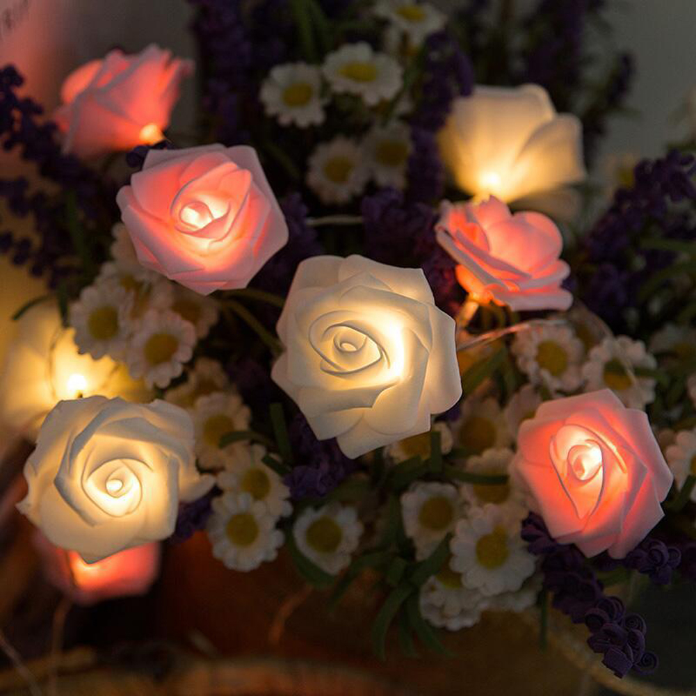 Led Artificial Rose Flower String Lights Romantic Fairy Light Lamp Garland Pink+White 3 meters 20 lights