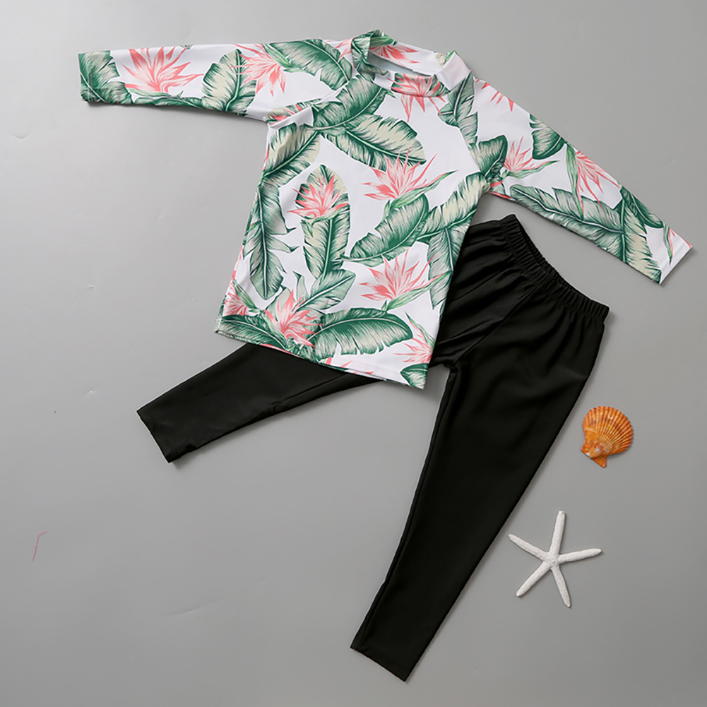 2pcs Boys Split Swimsuit Summer Printing Sunscreen Quick-drying Long Sleeves Swimwear Long Swimming Pants green 4-5years L