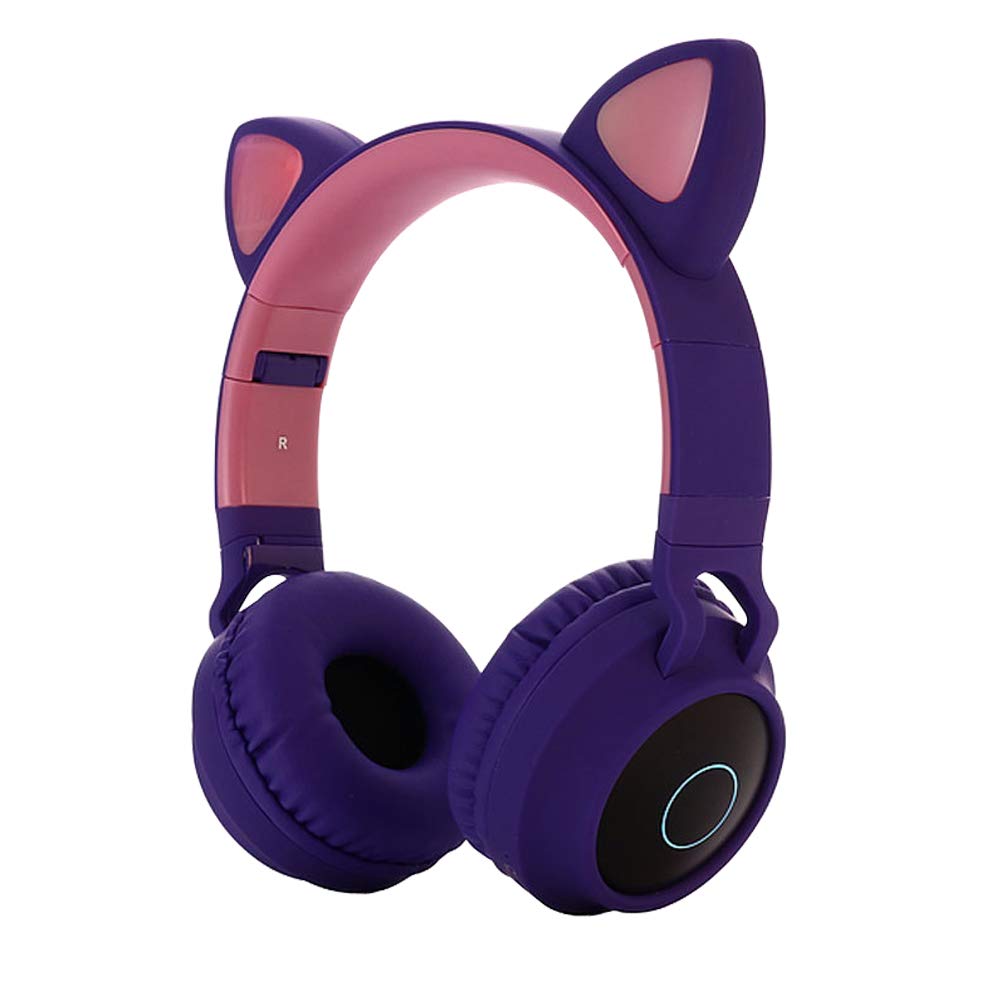 Cute Cat Ear Bluetooth 5.0 Headphones Foldable On-Ear Stereo Wireless Headset with Mic LED Light Support FM Radio/TF Card/Aux in for Smartphones PC Tablet  purple