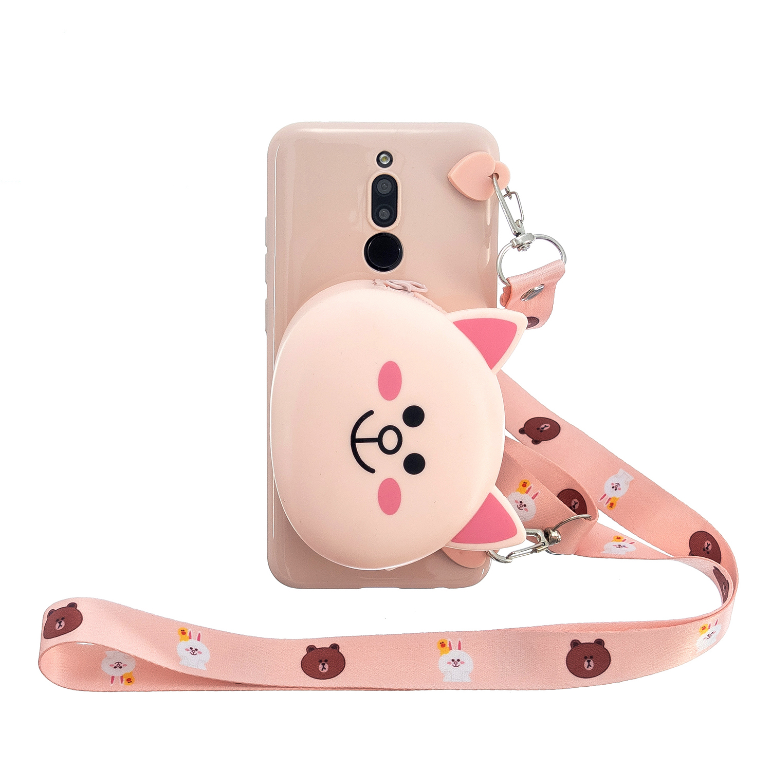 For Redmi 8/Redmi 8A Case Mobile Phone Shell Shockproof Cellphone TPU Cover with Cartoon Cat Pig Panda Coin Purse Lovely Shoulder Starp Pink