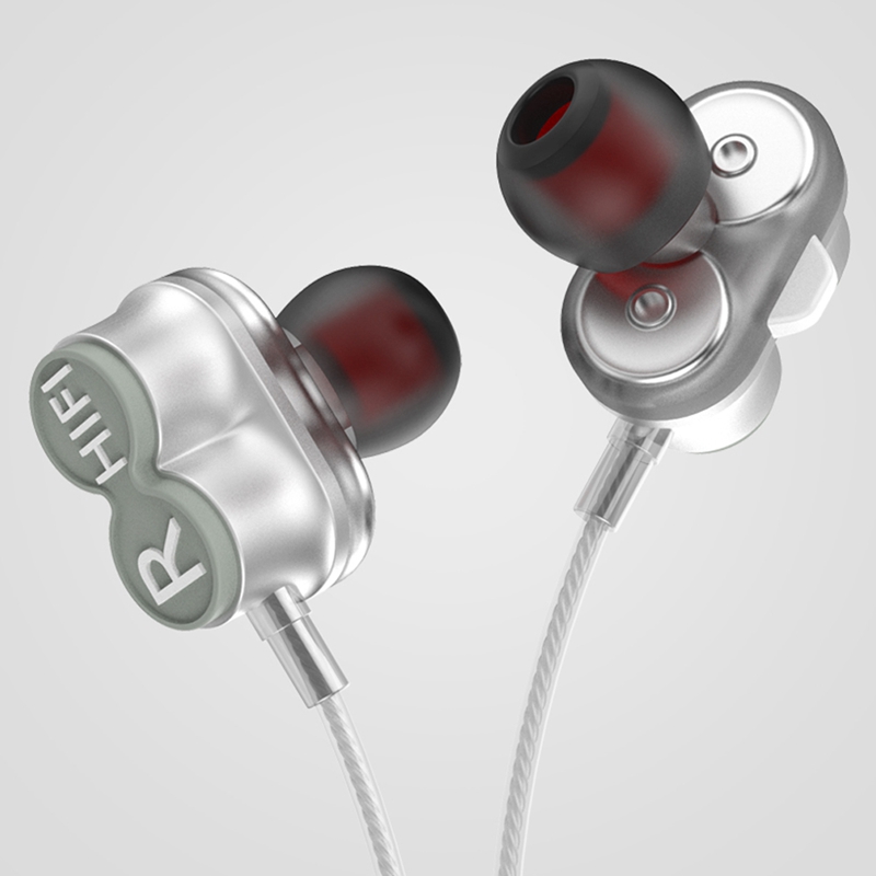 Over Ear Quad-Core Driver Earphone Dual Dynamic 3.5mm Wire Earphones HiFi Noise Isolation With Remote Mic Gaming Headset Silver