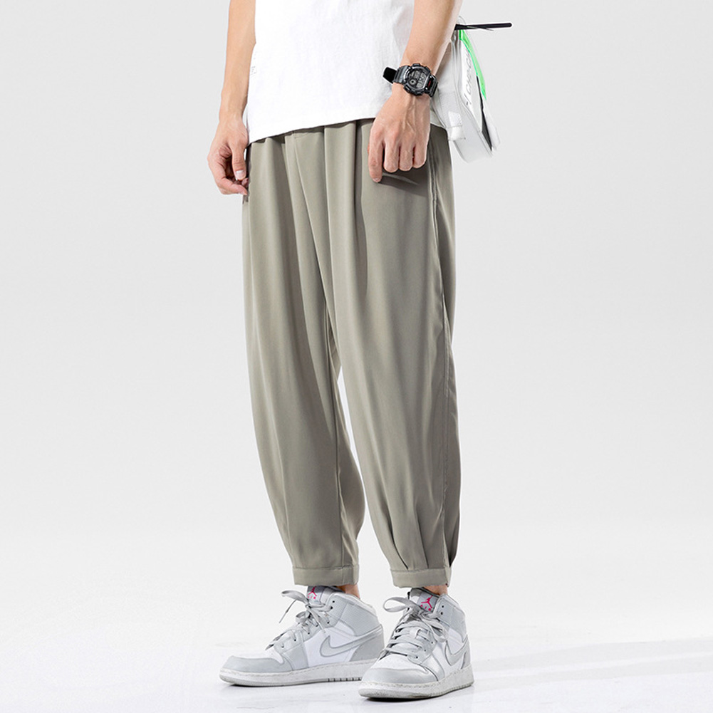 Trendy Men Loose Sports Pants Summer Thin Ethnic Style Solid Color Pants Casual Straight Wide-leg Trousers green XL