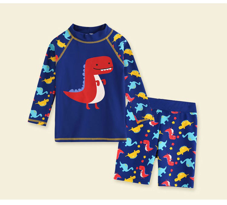 2-piece Children Split Swimsuit Boys Long Sleeves Diving Suit Cartoon Sunscreen Quick-drying Swimwear For Hot Spring Dinosaur 7-8Y XL