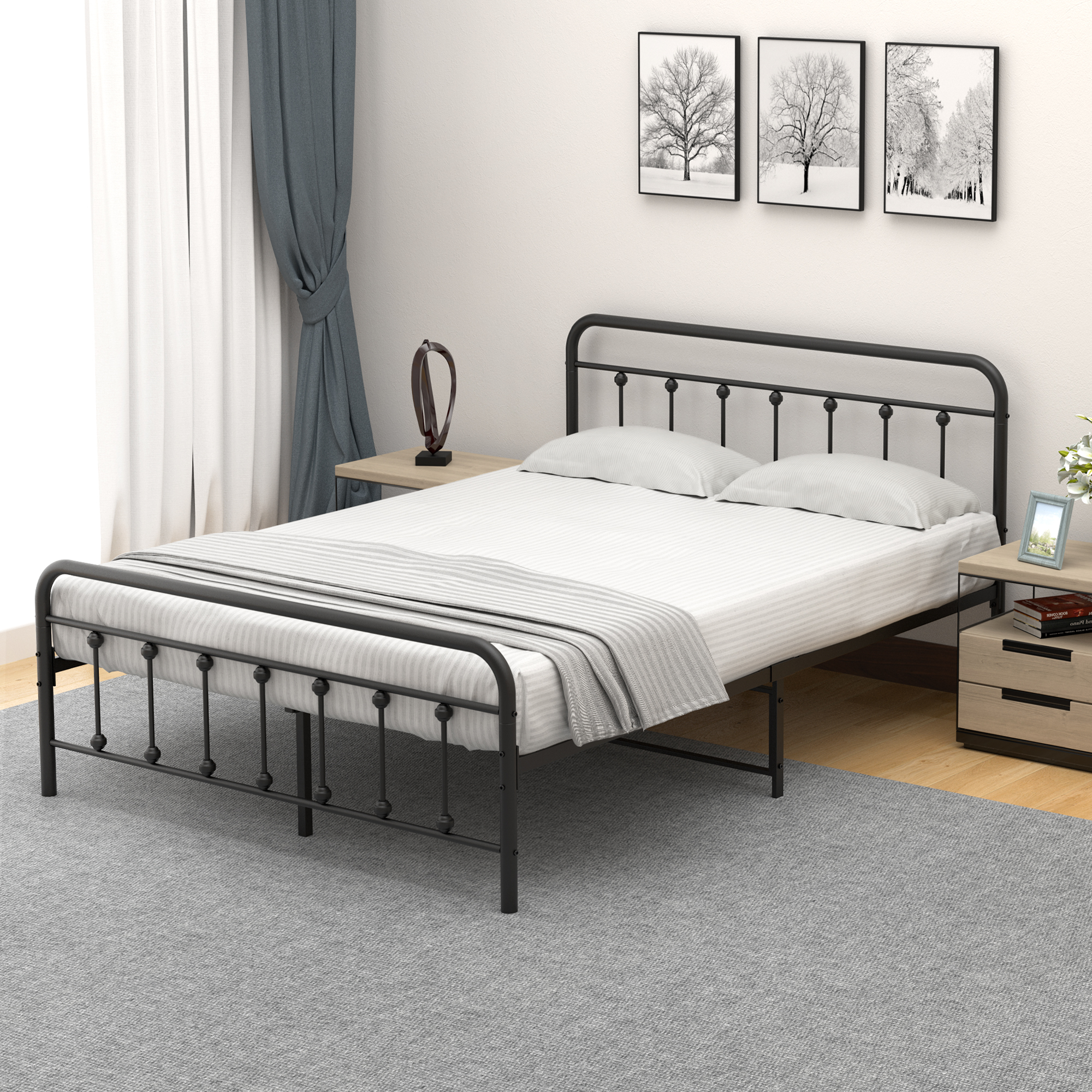 [US Direct] IDEALHOUSE Queen Size Metal Bed Frame with Victorian Headboard