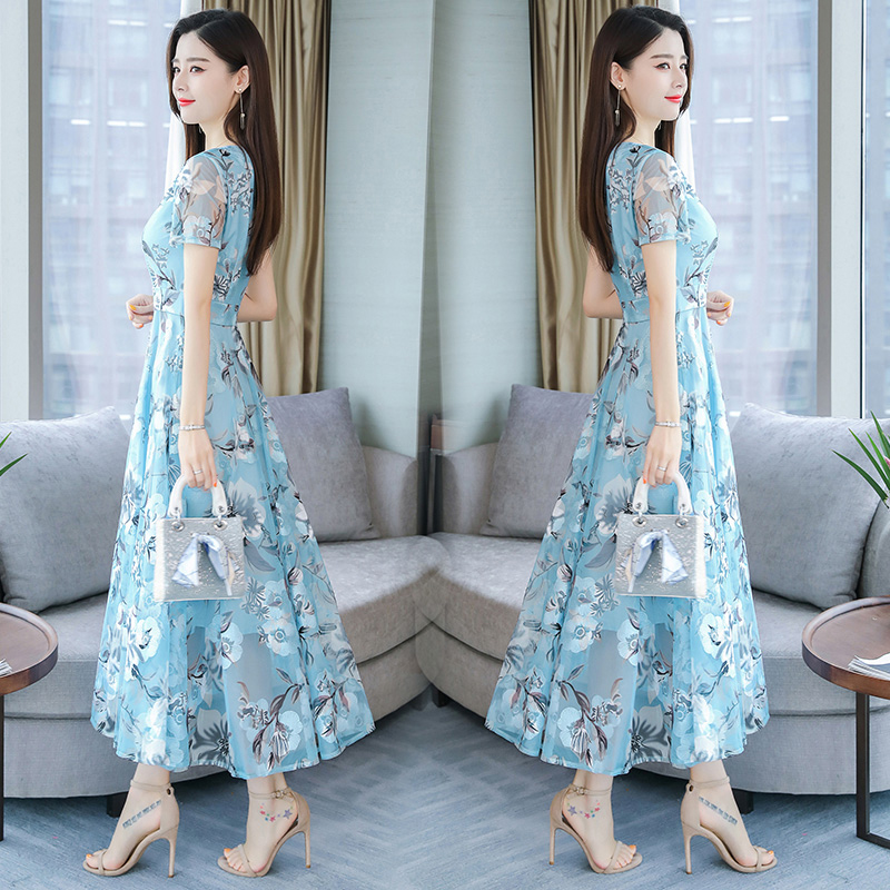 Women Summer Short Sleeve Flower Pattern Casual Long Dress Light blue_XL