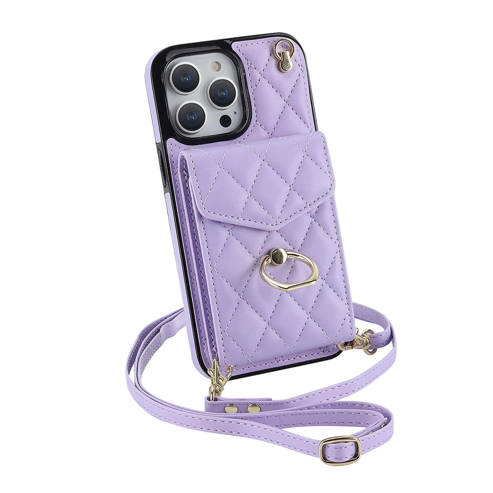 Phone Case With Adjustable Ring Holder Lanyard Wallet Bag Phone Case Protective Shockproof Leather Case