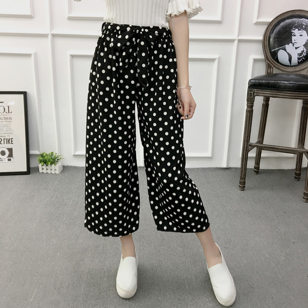 Women Black High Elastic Waist Ninth Loose Pants for Summer Wear Wave point_One size