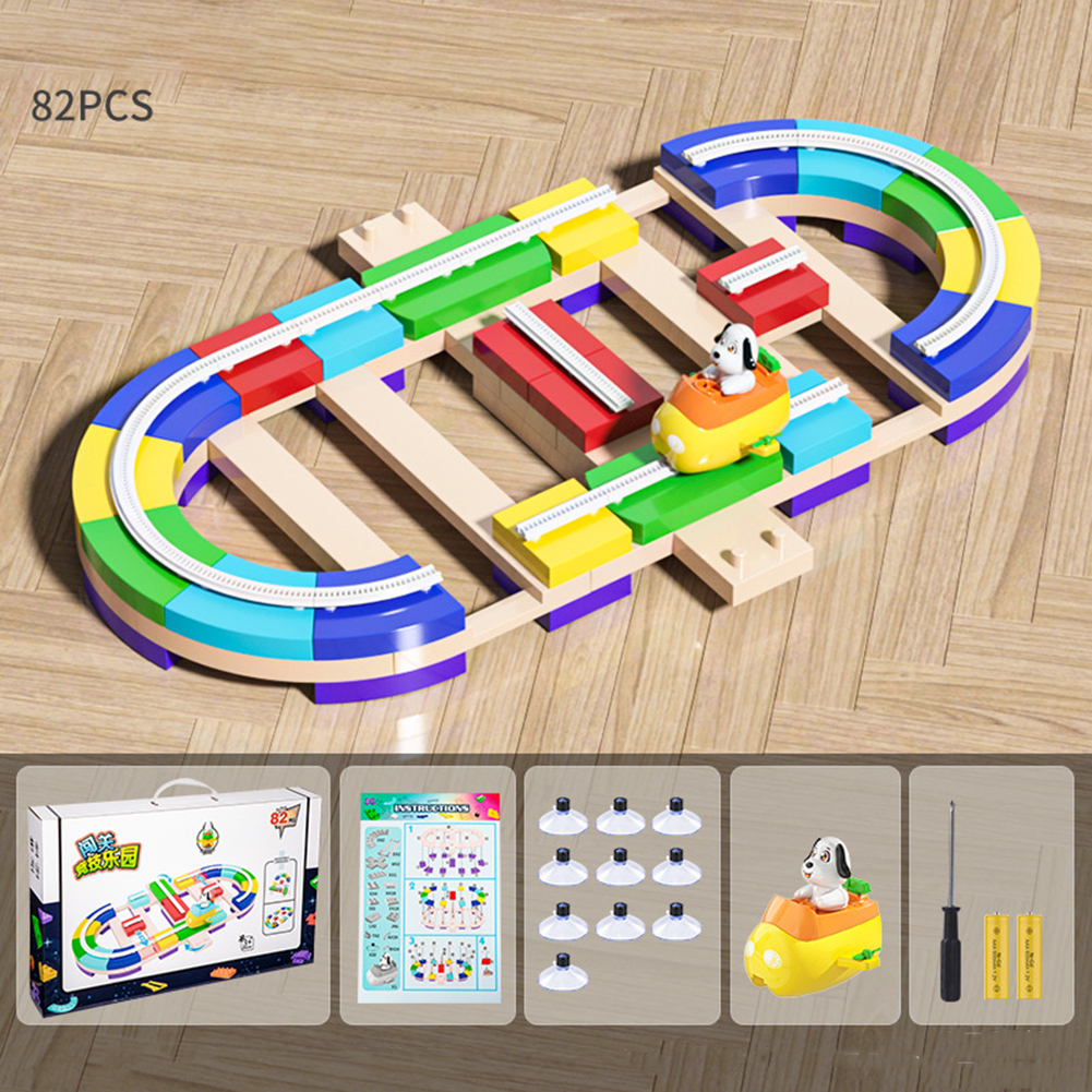 1 Box Wood Race Car Track  Building  Block  Educational  Toy Children Interactive Competitive Barrier Toys For 3-4 Years Old (without Batteries) Stadium track 82pcs
