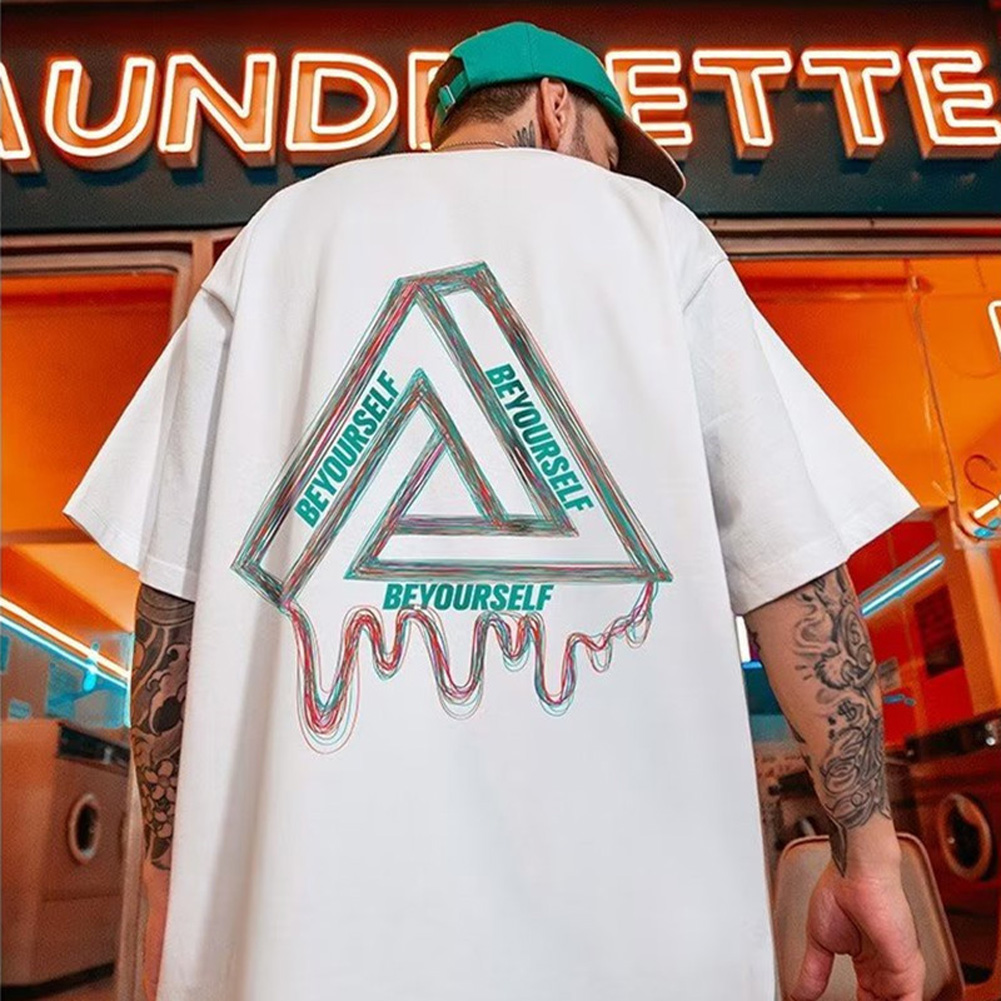 Summer Large Size Loose T-shirt For Men Half Sleeves Trendy Printing Round Neck Pullover Tops For Couple G108 white L