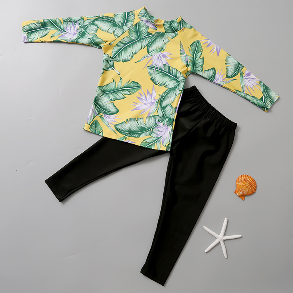 2pcs Boys Split Swimsuit Summer Printing Sunscreen Quick-drying Long Sleeves Swimwear Long Swimming Pants yellow 3-4years M