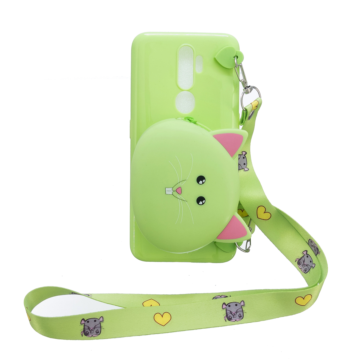 For OPPO A83/A9 2020 Cellphone Case Mobile Phone TPU Shell Shockproof Cover with Cartoon Cat Pig Panda Coin Purse Lovely Shoulder Starp Green