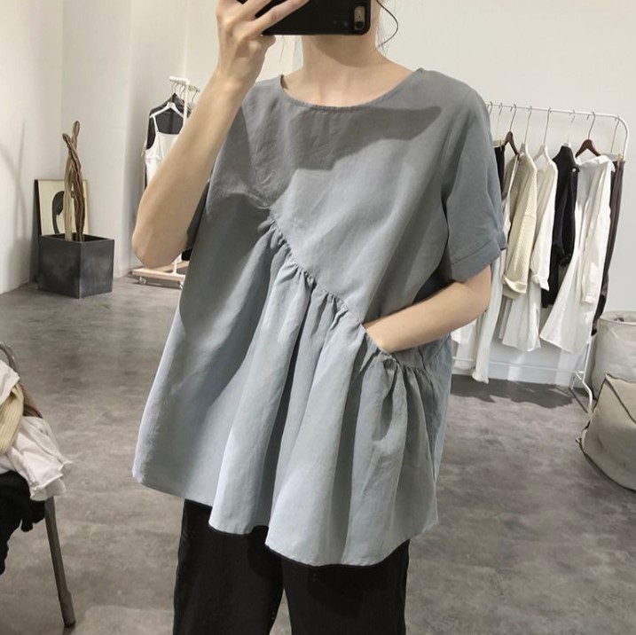 Summer Short Sleeves Shirts For Women Fashion Irregular Cotton Linen Blouse Round Neck Solid Color Tops gray blue S