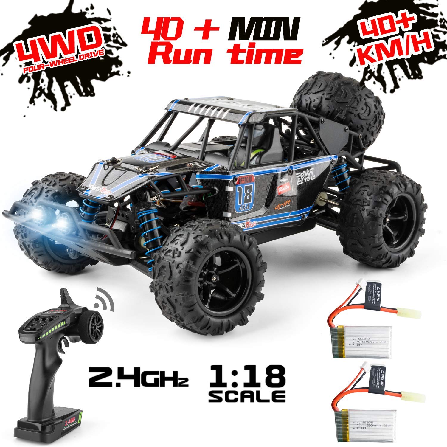 9303E 1:18 Scale Remote Control Car 40+km/h High Speed Off Road Vehicle Toys RC Truck for Kids and Adults 2 batteries