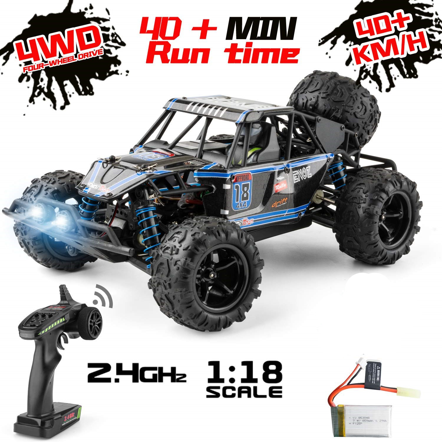9303E 1:18 Scale Remote Control Car 40+km/h High Speed Off Road Vehicle Toys RC Truck for Kids and Adults 1 battery