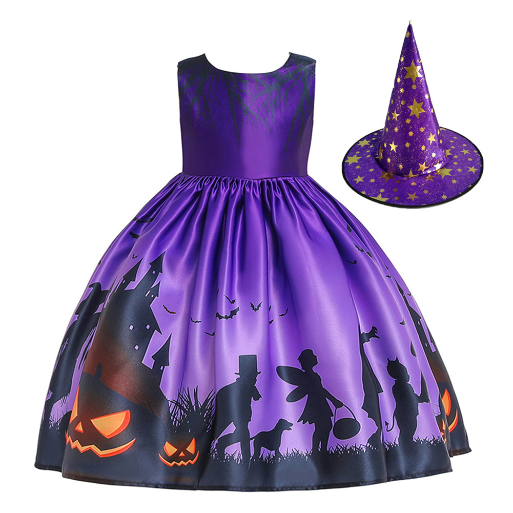 Wholesale Halloween Girl Dress Pumpkin Castle Print Princess Dress ...